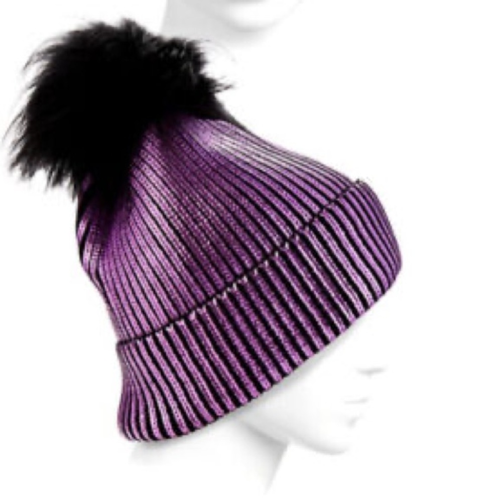 Fox Fur Pom-Pom Metallic Beanie